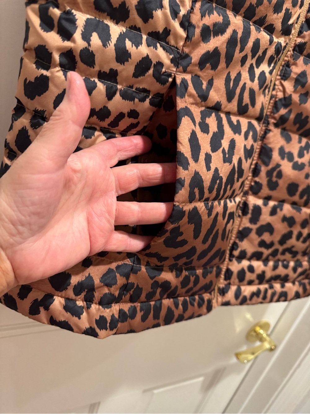 Lands' End Women’s Leopard Print Puffer Vest - Brown/Black - Picture 3 of 5